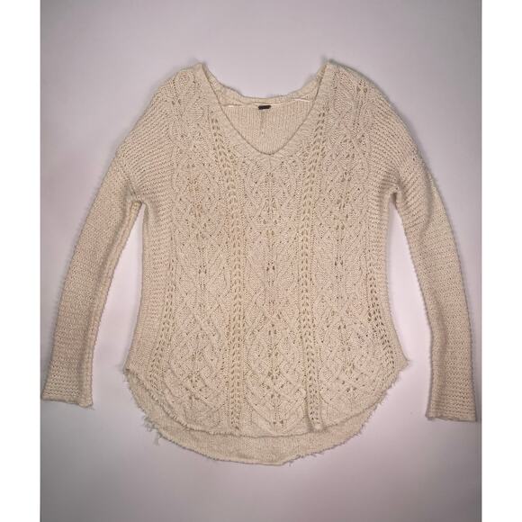 Free People Oversized Ivory Knit Sweater Slouchy V Neck, 100% Cotton - Picture 6 of 11